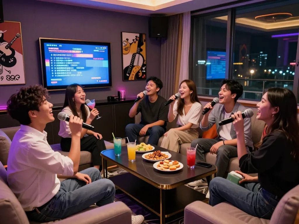무제한 음료가 제공되는 개인 라운지 방에서 노래방을 즐기는 모습, 3no.org/seo에 소개된 활기찬 분위기.