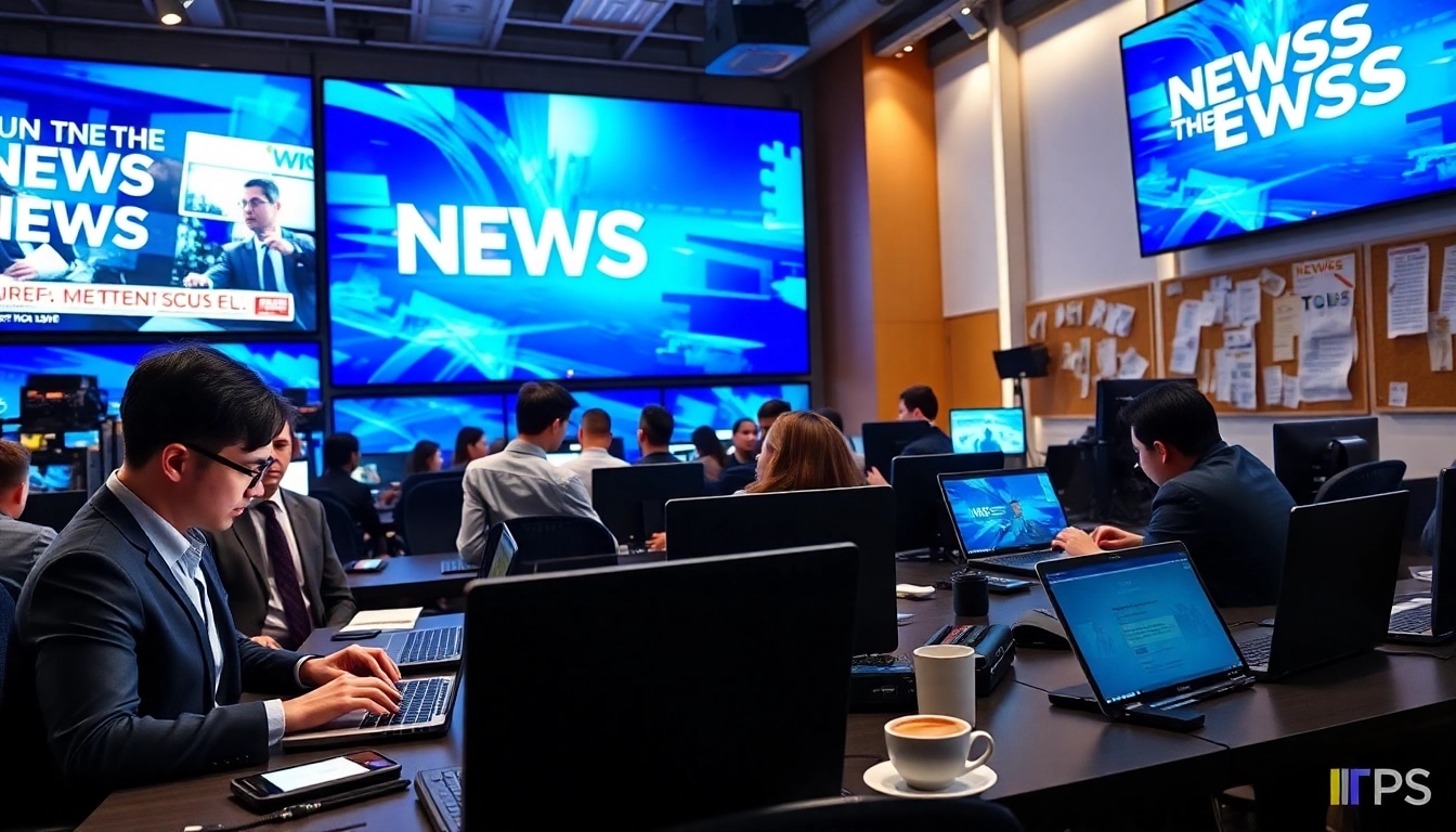 Capture breaking news in a vibrant newsroom with focused journalists and live screens.