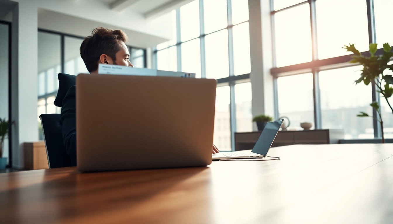 Marketing Consultant engaged in a video call at a modern office, showcasing analytics.