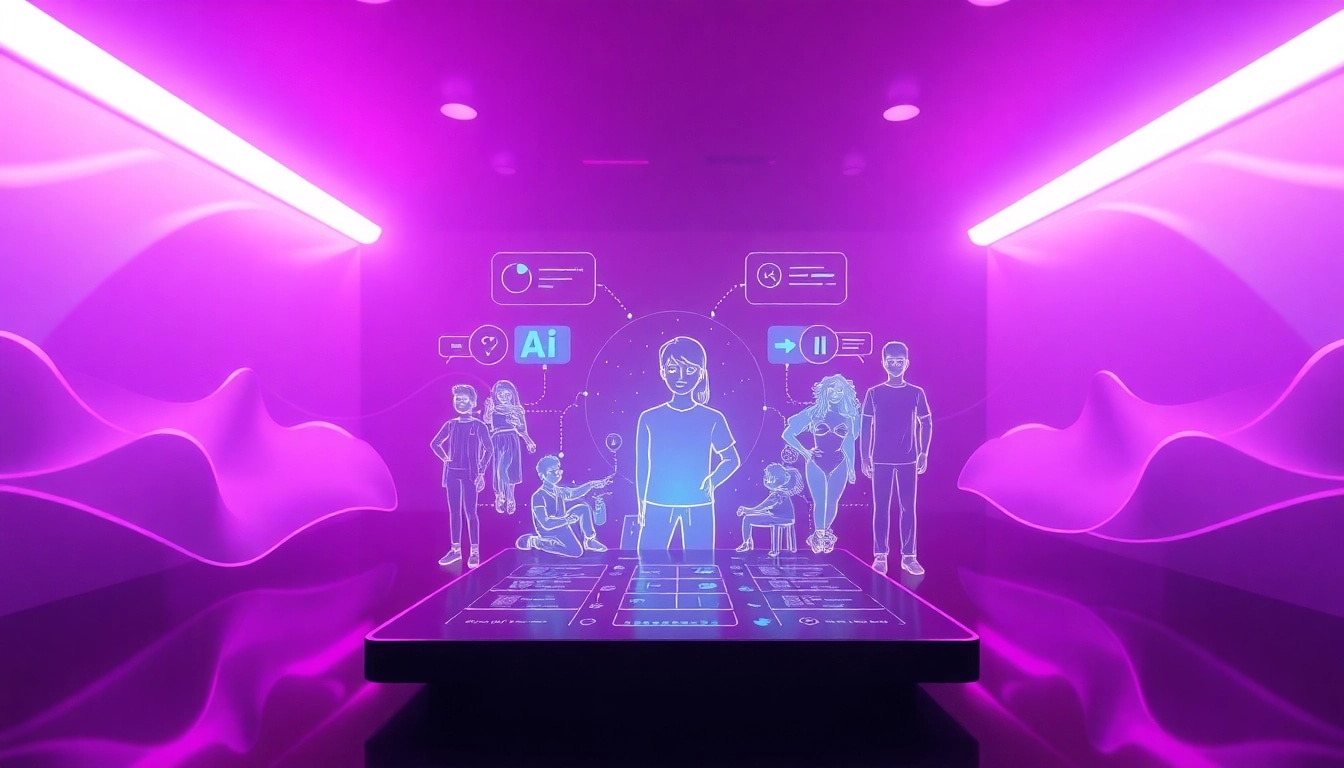 Stunning NSFW AI digital interface showcasing diverse avatars in a futuristic setting.
