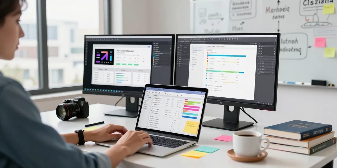 Focused professional analyzing sites to buy YouTube comments at a digital marketing desk, showcasing a productive environment.