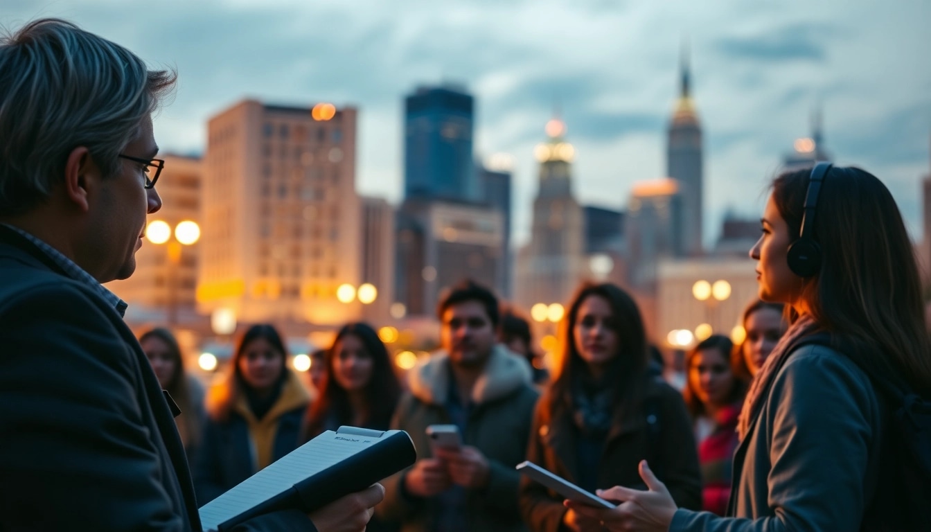 Engaging news coverage showcasing a journalist reporting current news in a vibrant urban setting.