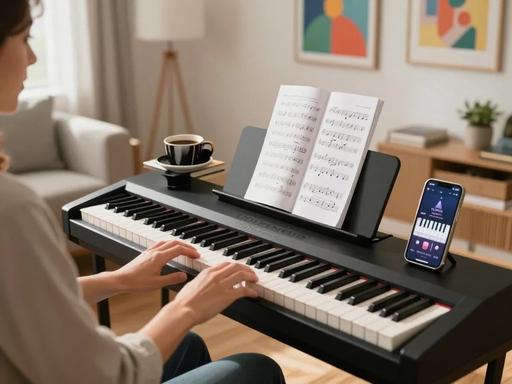 Engaging young musician practicing go 88 on Roland piano in a cozy living room.