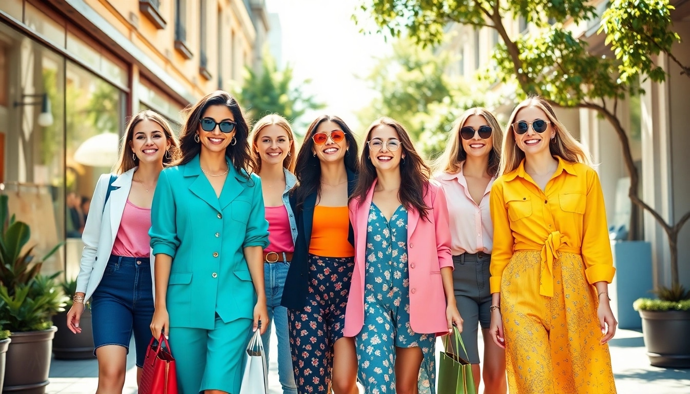 Stylish women fashion ensemble in vibrant outfits showcasing urban chic style.