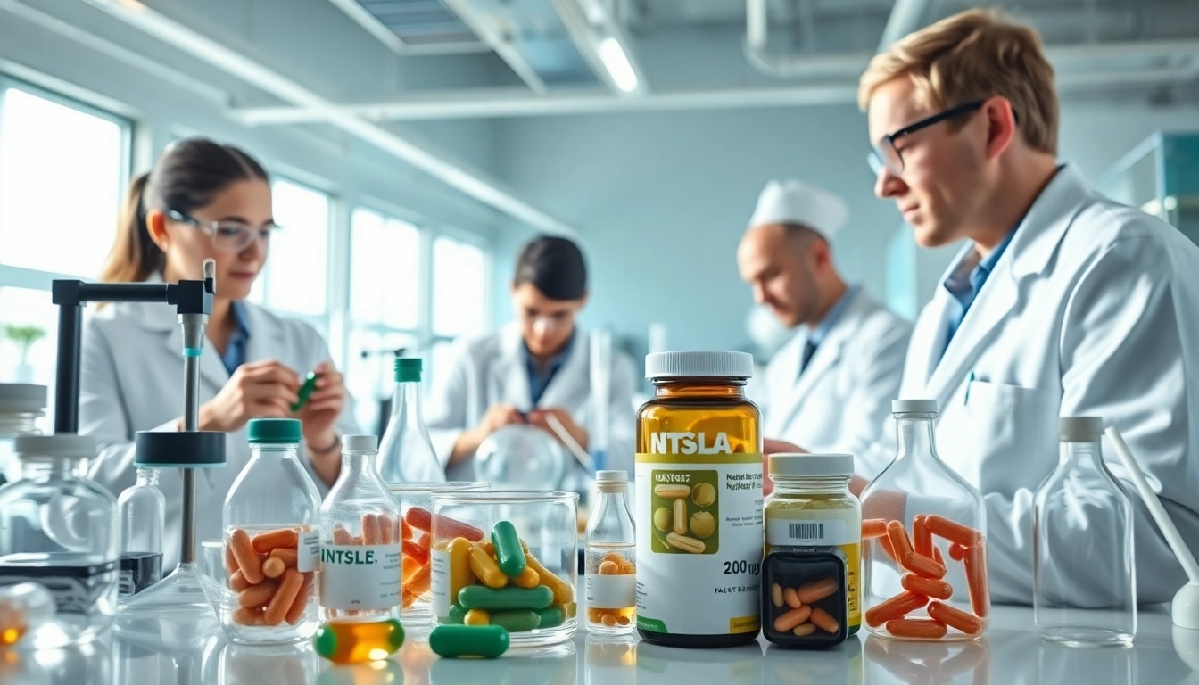 Lab technicians creating supplements showcasing expertise in contract supplement manufacturer uk.