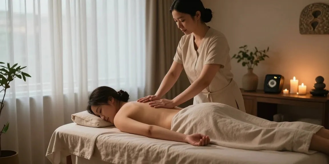 마사지 치료를 받으며 편안한 분위기의 스파 실내 모습