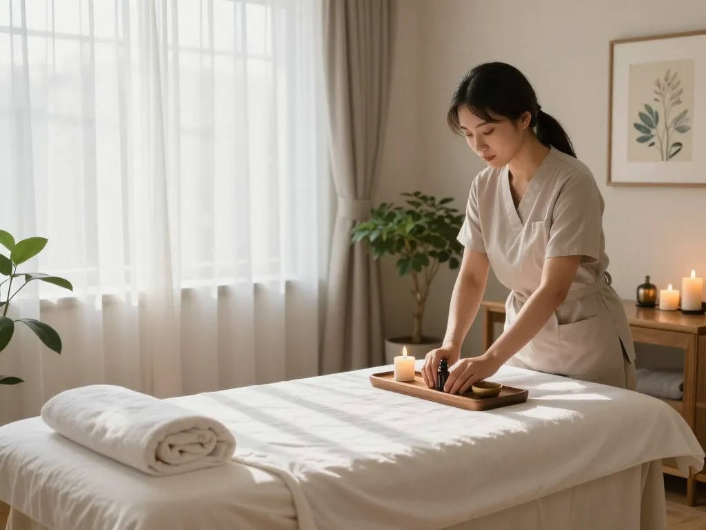 차분한 장식과 부드러운 조명으로 꾸며진 서초스웨디시 마사지 룸