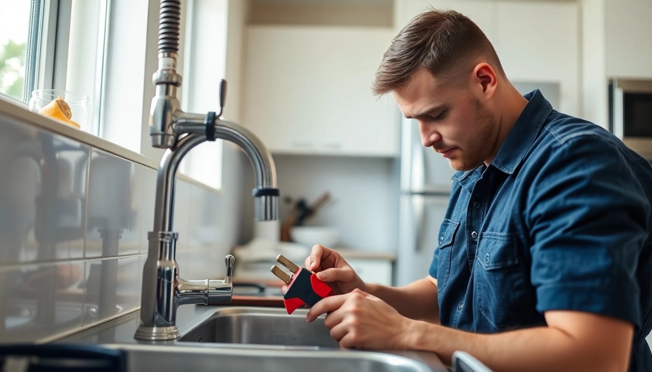 Expert plumber knightdale repairing a sink with tools in a well-lit kitchen.