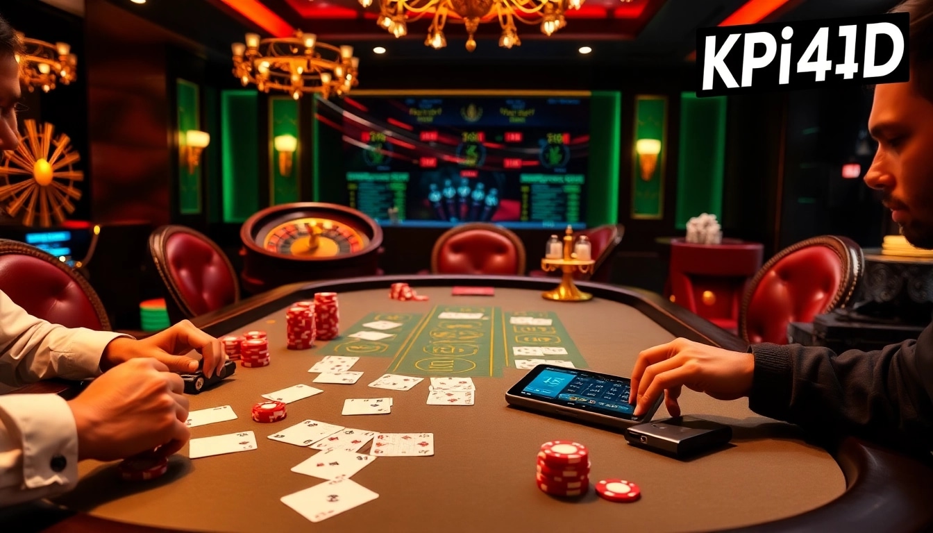 KPI4D poker scene with vibrant chips, cards, and a roulette wheel under warm lighting.
