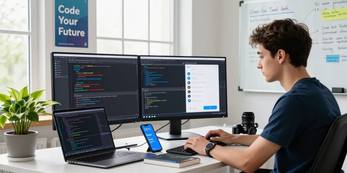 Download 纸飞机下载 app: a developer focused on coding with multiple screens in a modern workspace.