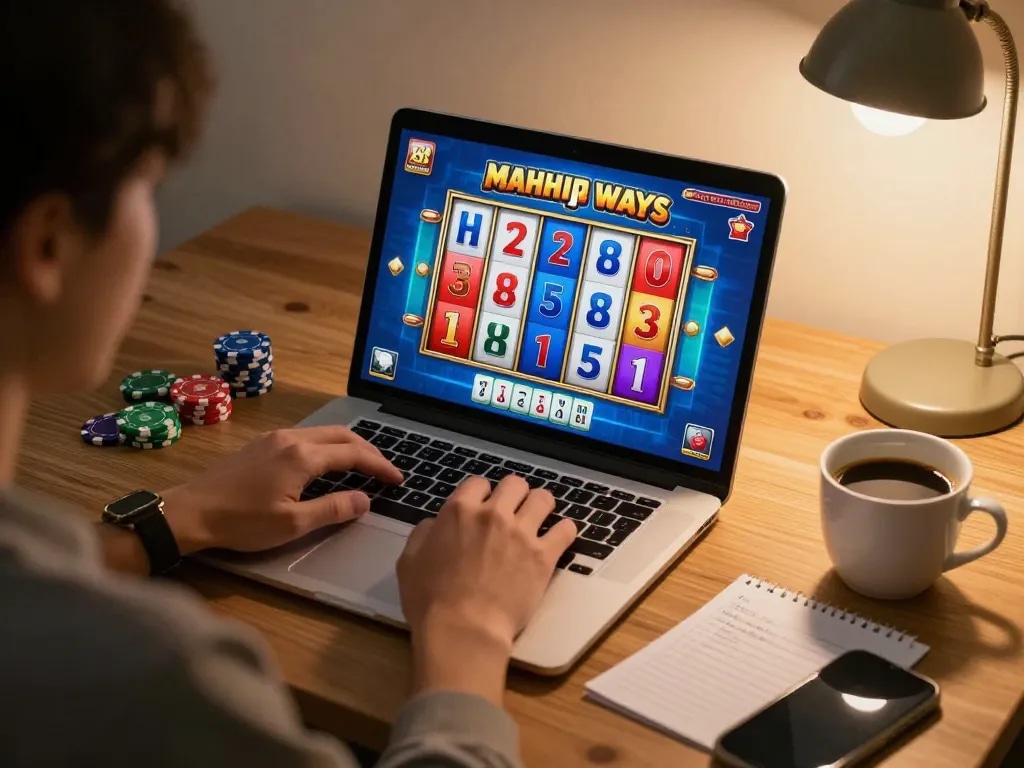 Engaging in Mahjong Ways slot gameplay at home, focused on winning strategies and game dynamics.