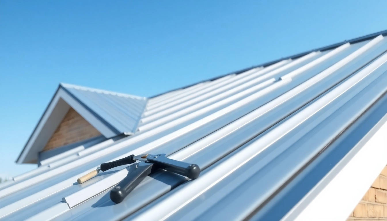 Installers applying metal roofing panels on a modern home showcasing the quality of metal roofing.