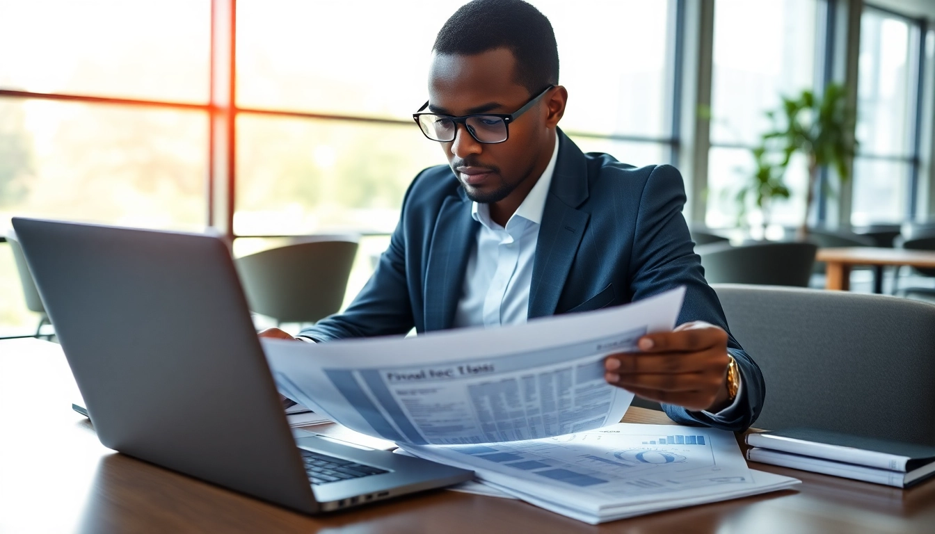 Tax Consultant in Kenya analyzing financial documents in a professional office setting.