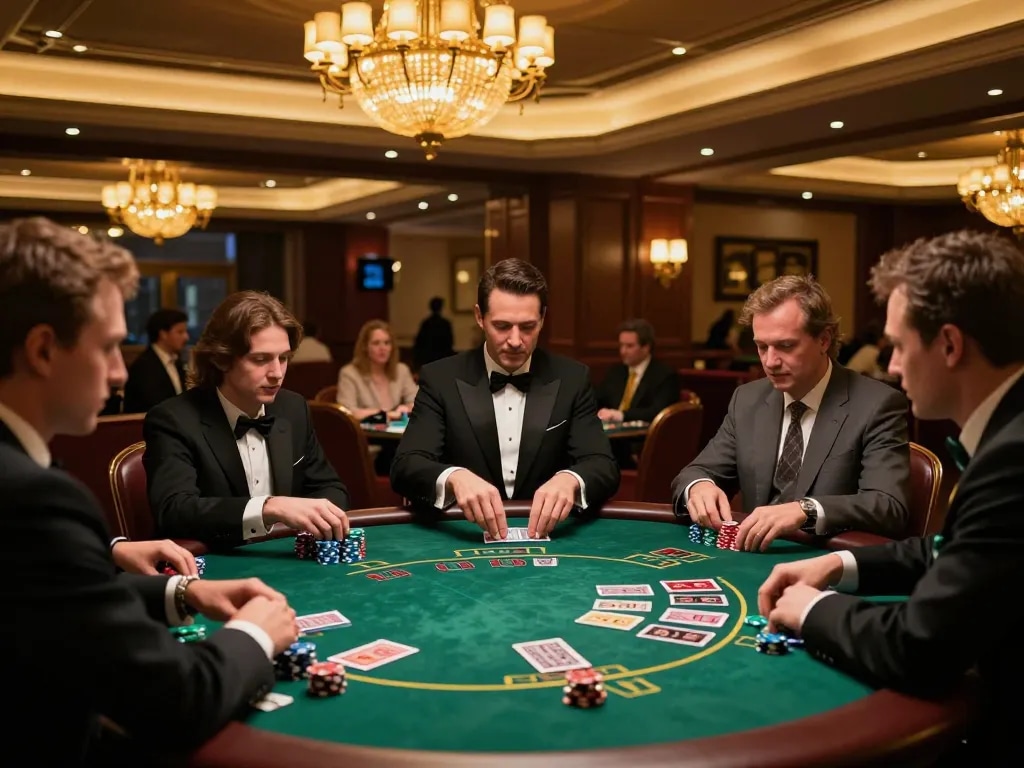 Engaged players strategizing their moves in a dynamic 28bet games Blackjack table during a casino night