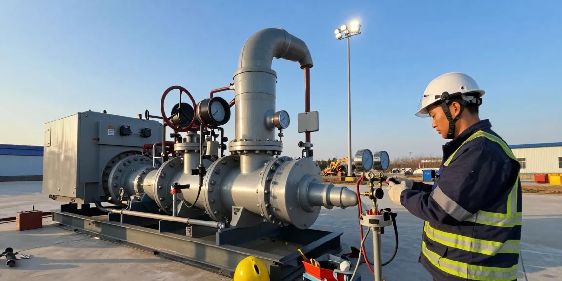 Technician servicing a gas generator with tools and lighting tower at an industrial site
