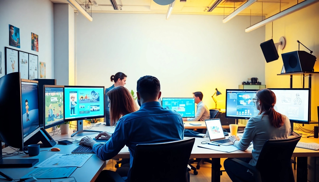 Animation Agency in a vibrant creative workspace with professionals collaborating on animations.