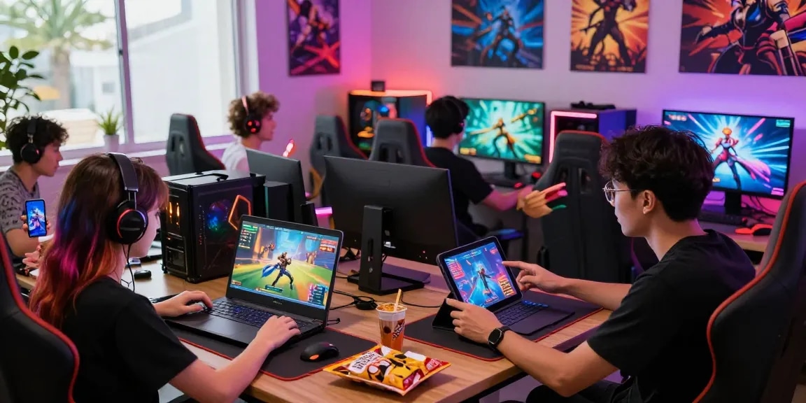 A lively gaming scene featuring players enjoying hentai games across multiple devices in a vibrant environment.