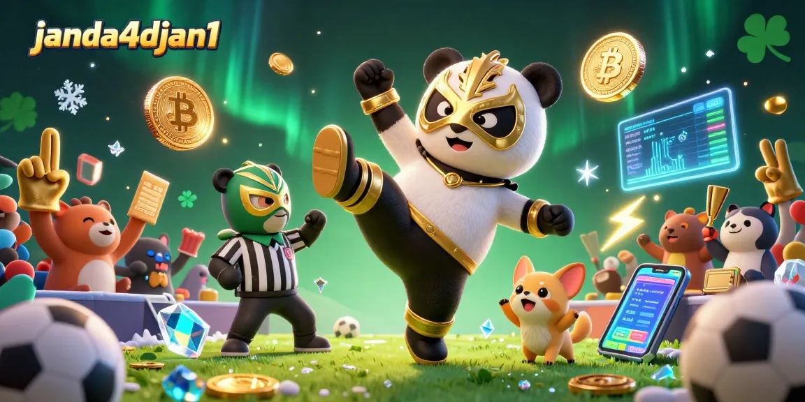 Janda4djan1 menampilkan panda pegulat profesional yang melakukan tendangan terbang, menyemarakkan pertandingan judi olahraga.