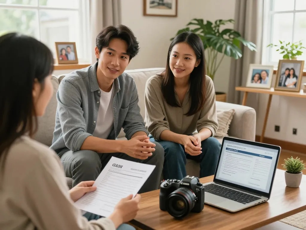 We buy houses for cash meeting between a homeowner and a buyer in a cozy living room.