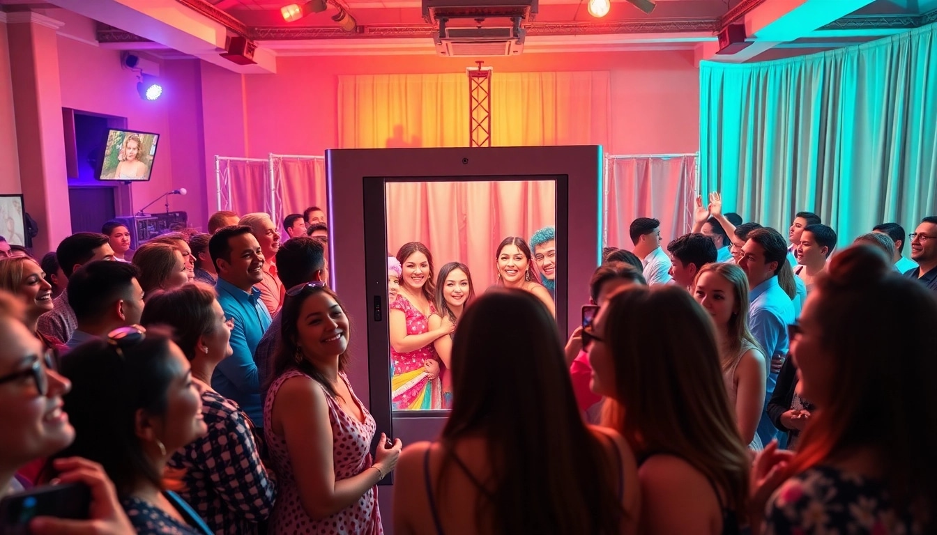 Guests having fun at a photo booth rental, featuring exciting props and colorful setup.