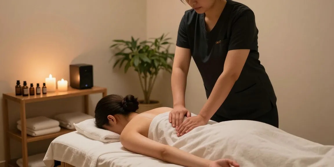 논현동마사지에 대한 편안한 마사지를 받는 모습, 스웨디시 마사지 치료와 아늑한 환경 강조.