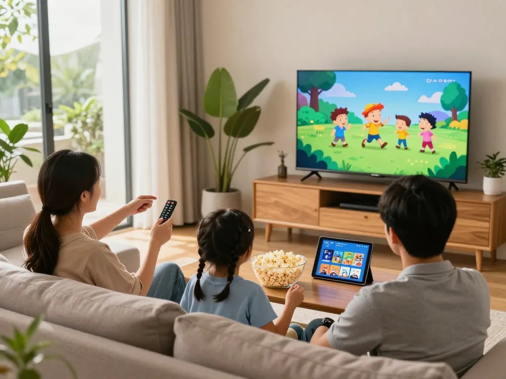 Gezin geniet samen van IPTV-entertainment op een comfortabele bank in hun woonkamer met een grote televisie, die iptv nederland toont.