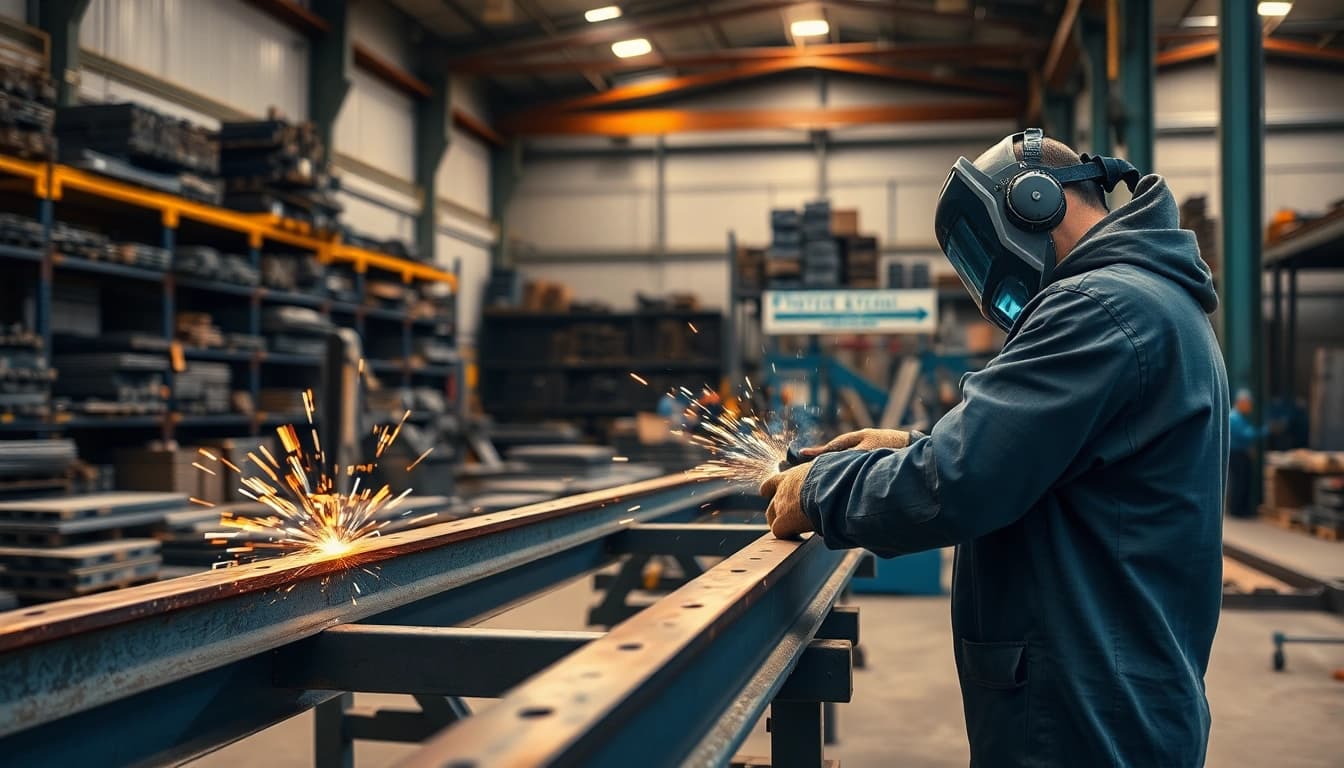 Artisans showcasing structural steel fabrication with precision cutting and welding.