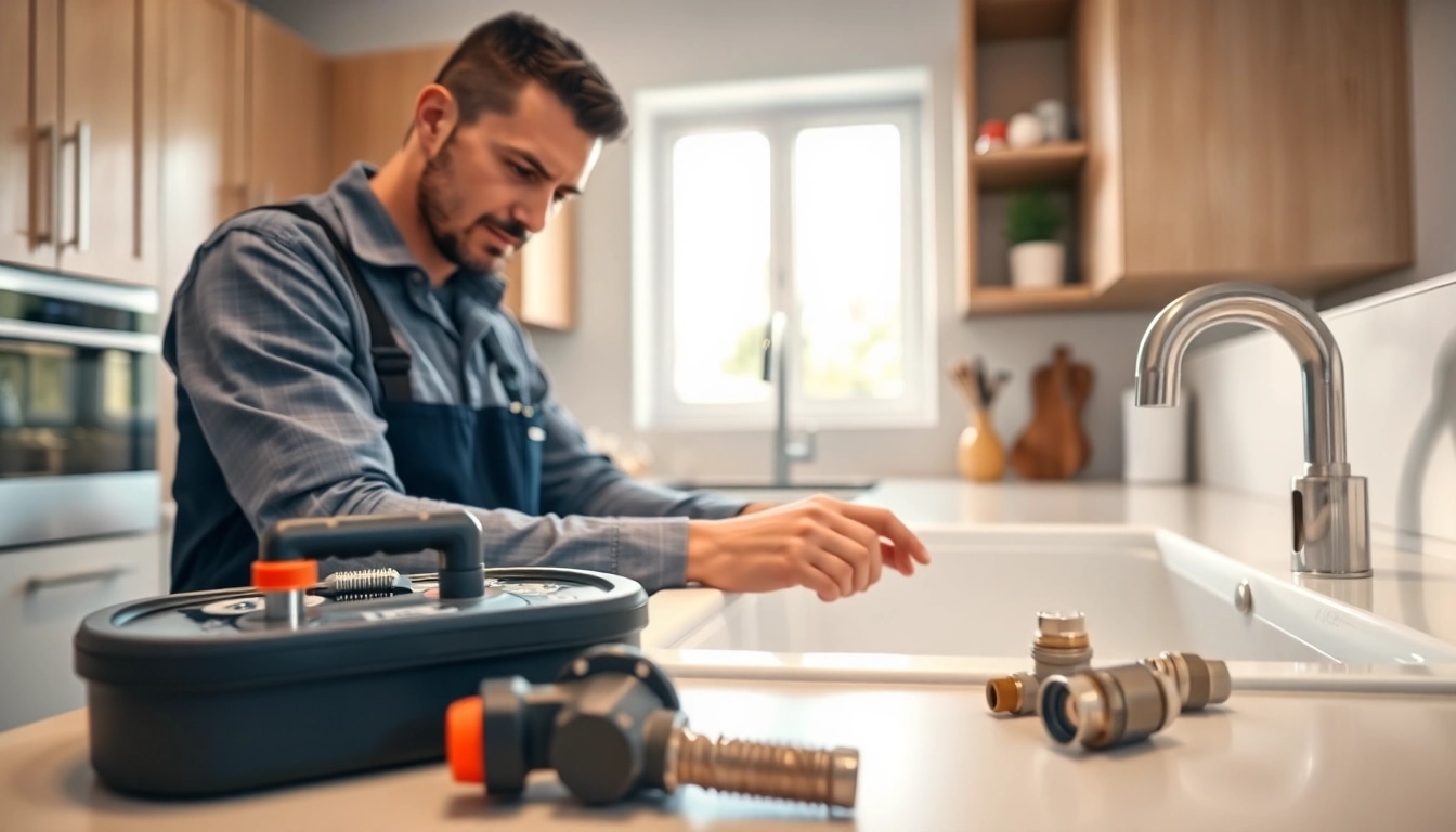 Find a skilled plumber near me fixing plumbing issues in a well-lit kitchen.