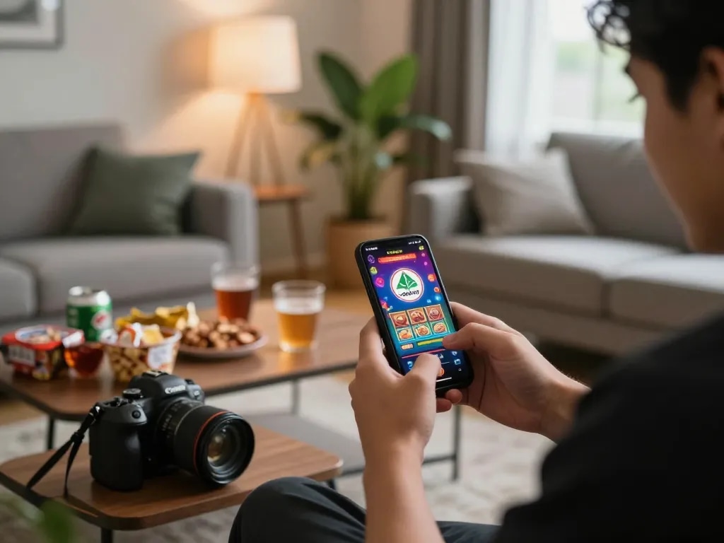 Player engaging with gajah toto mobile app in cozy home setting