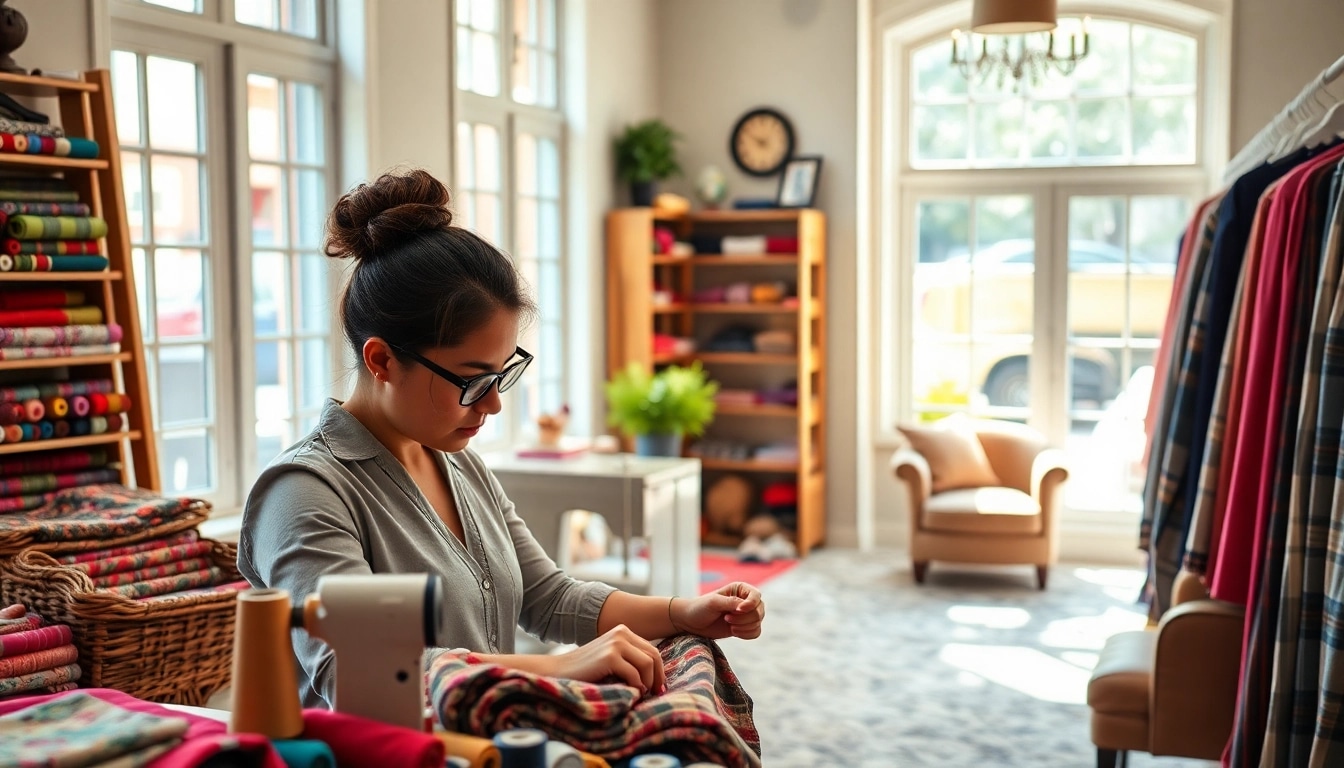 Crafting clothing alterations near me Nashville with a skilled tailor and vibrant fabrics in a cozy boutique.