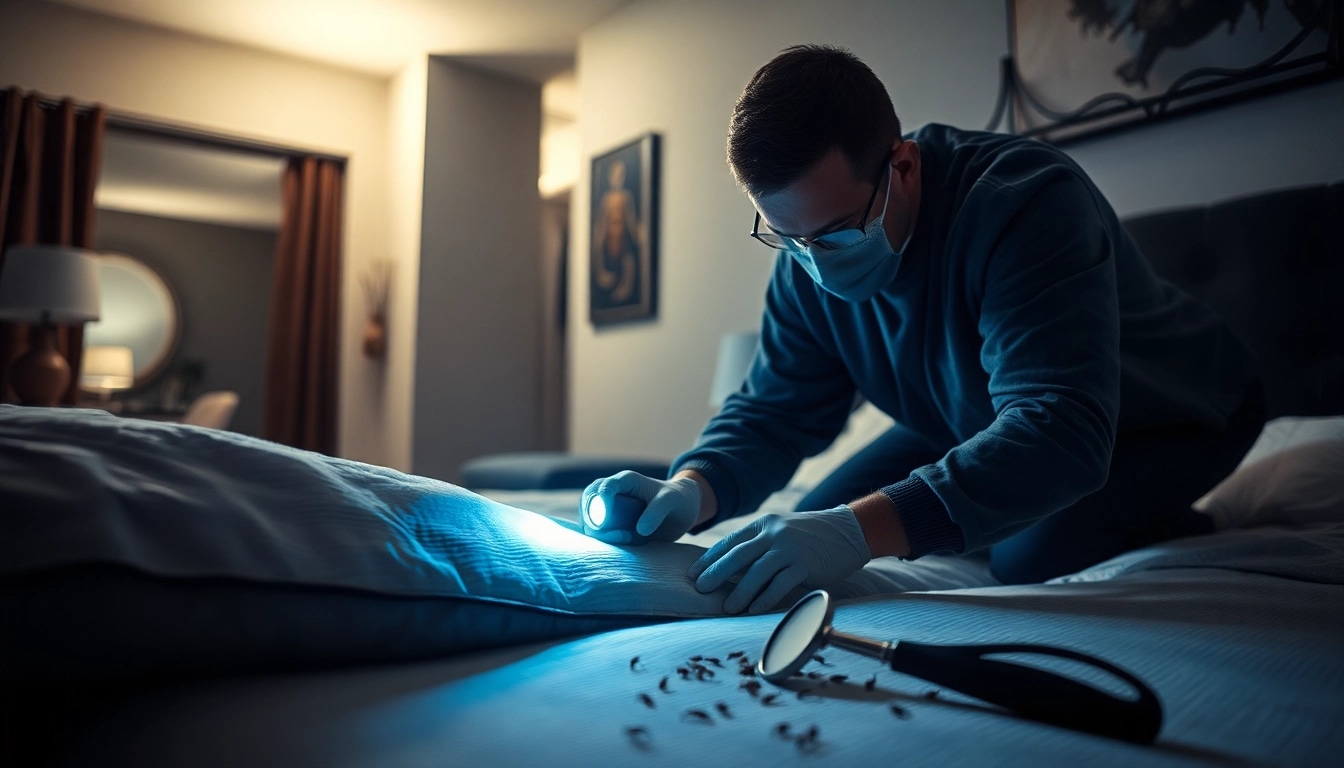 Expert bed bug exterminator inspecting a mattress for an infestation in a home setting.