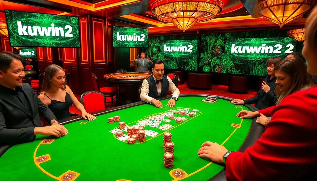 Players enjoying high-stakes poker at kuwin 2 casino with dynamic excitement and professionalism.