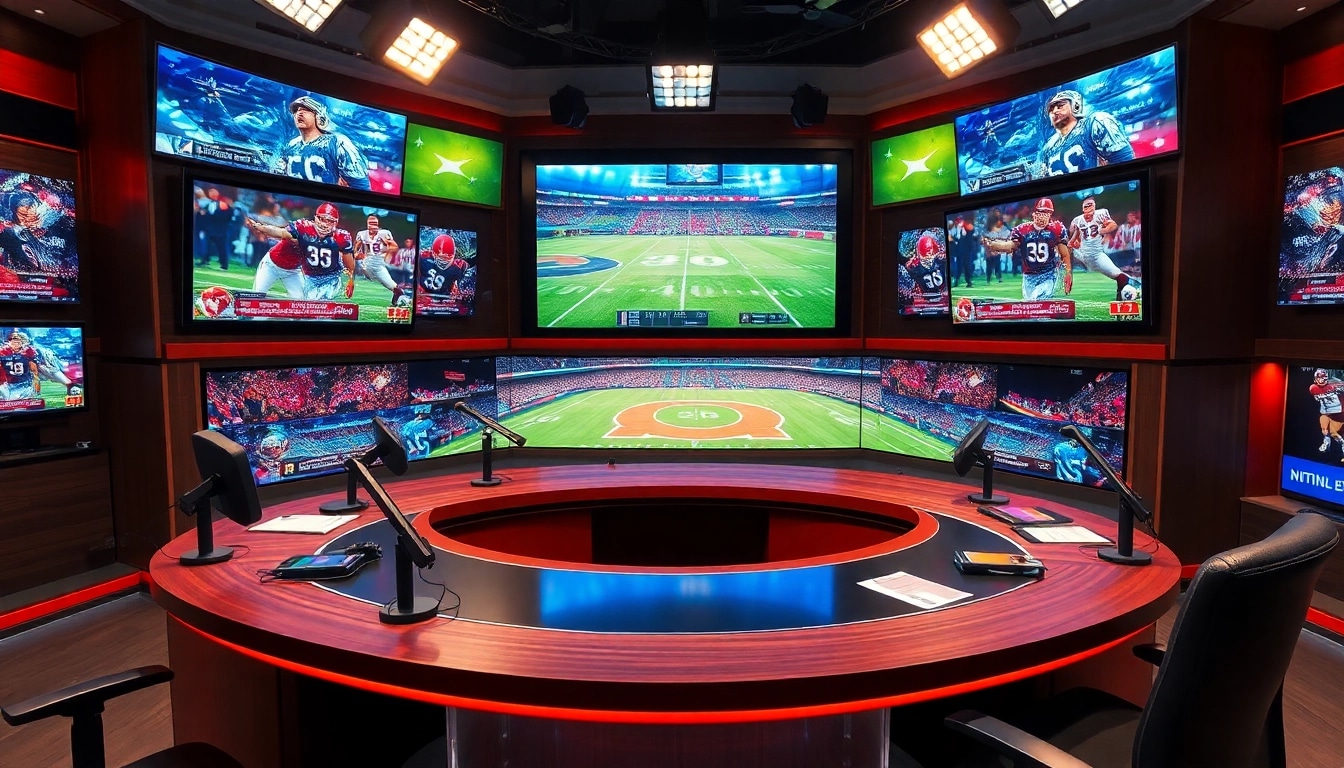 Engaging scene of sports broadcasting with screens showing live events and a ready news desk.