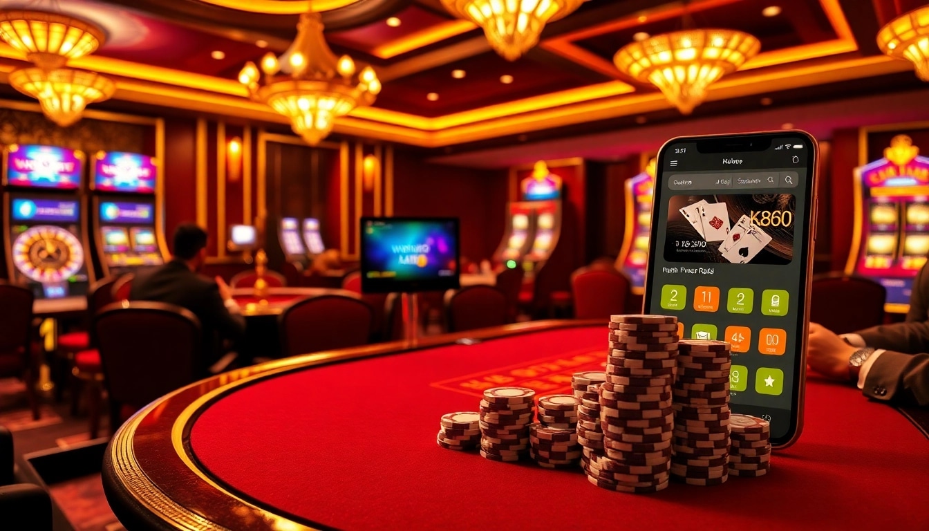 Engage with NK88 casino excitement at a luxury poker table with vibrant slots in view.