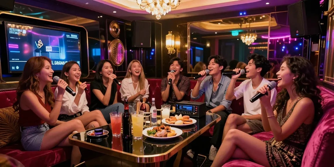 강남가라오케에서 친구들과 즐거운 시간을 보내는 모습, gangnamtune.com/의 고급스러운 프라이빗 룸 분위기.