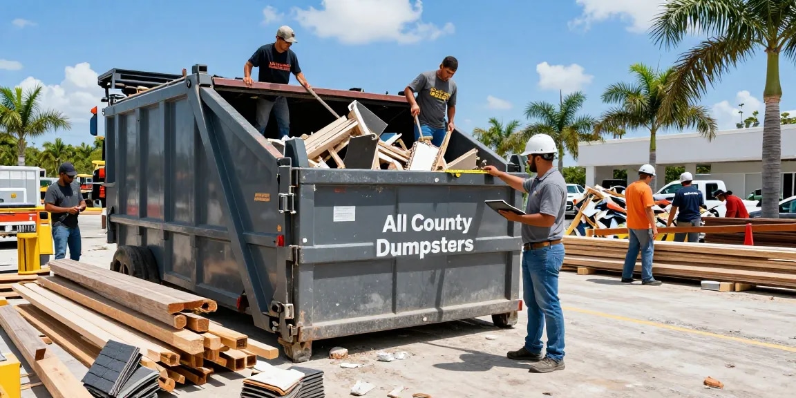 Efficient dumpster rental in Miami FL with team loading debris at a construction site for hassle-free waste management.
