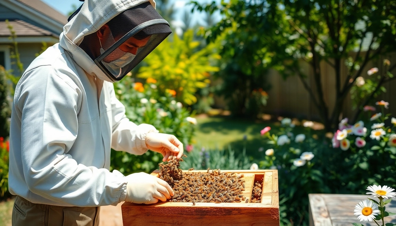 Expert live bee removal featuring a technician relocating bees safely in a garden setting.