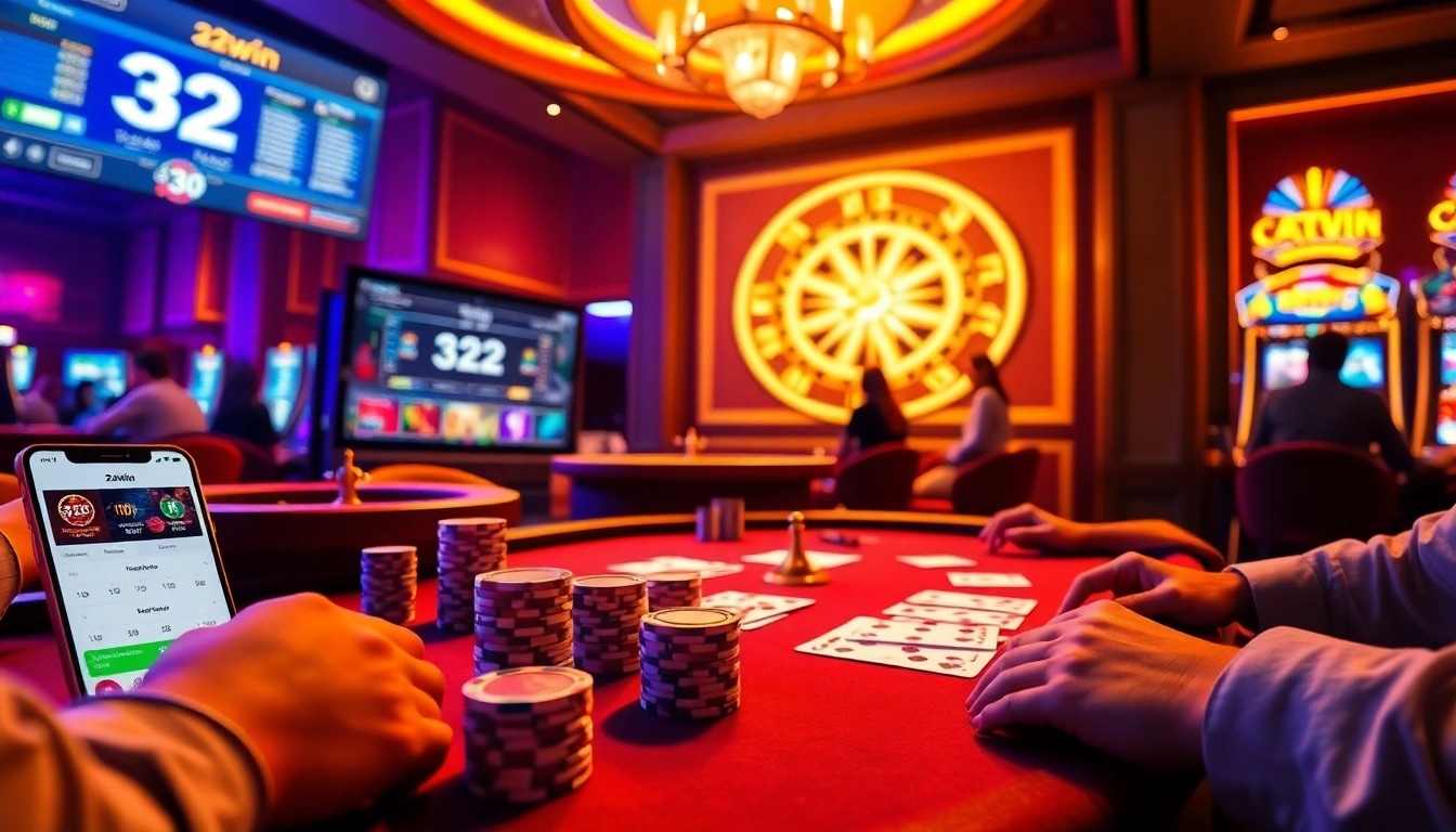 The 32win app interface showcased among poker chips and roulette wheel in a lively casino setting.
