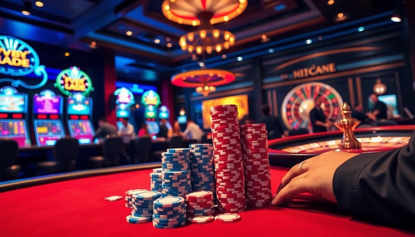 Players engaging in intense poker at new88bet casino, vibrant lights and luxury surround.