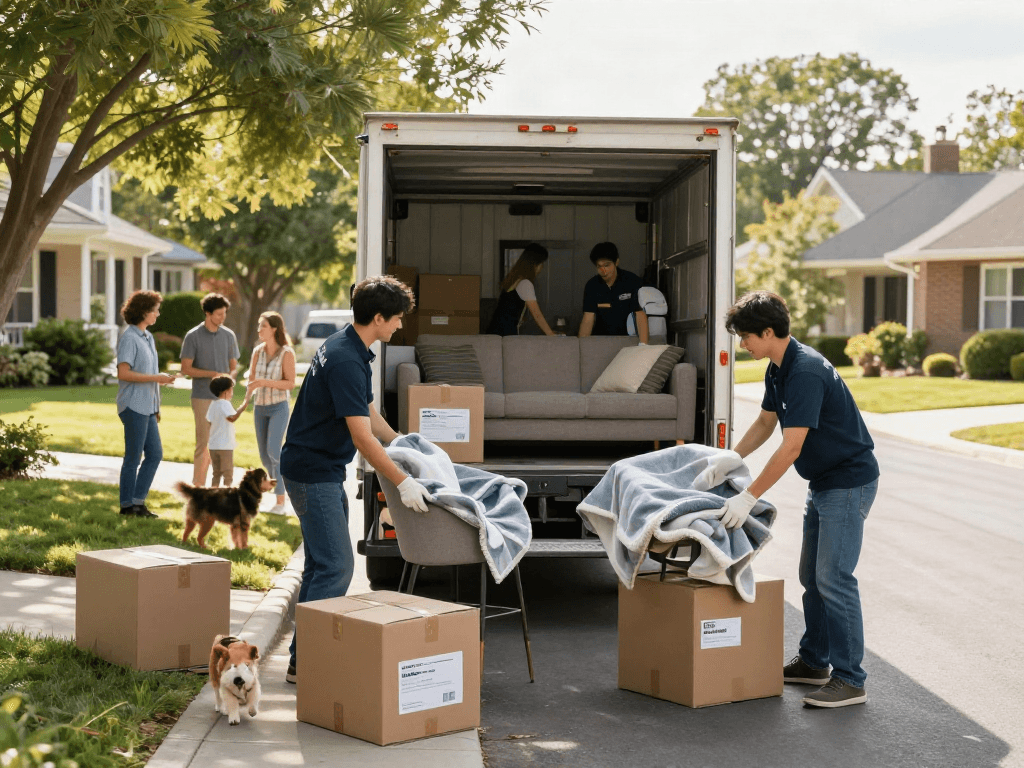 Dedicated moving company team carefully packing belongings for a smooth relocation in a sunny neighborhood
