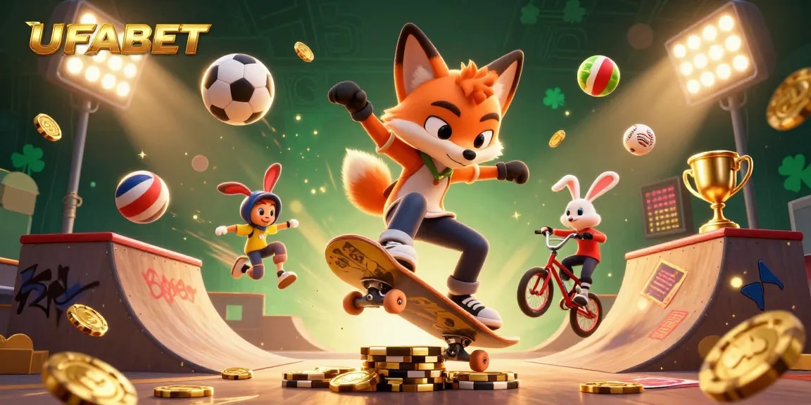 Experience the thrill of UFABET with vibrant cartoon characters and casino elements in an action-packed scene.