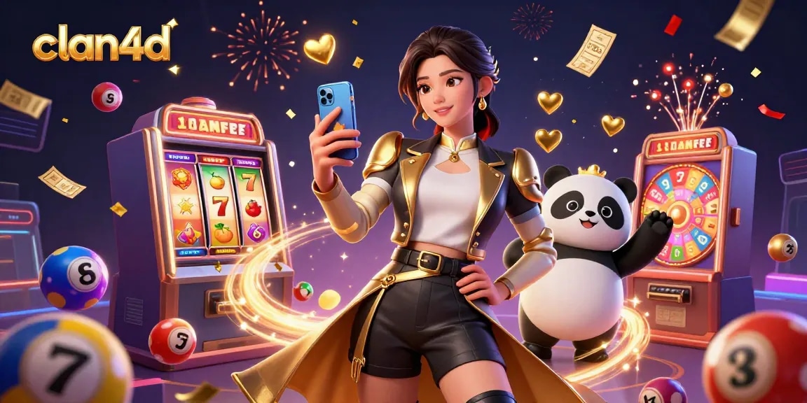 Experience the thrill of clan4d slots with a majestic Asian woman and a golden panda surrounded by dynamic gaming elements.