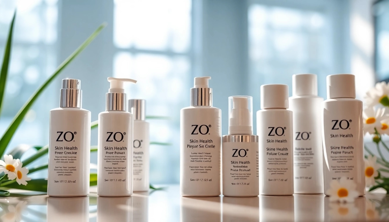 Präsentation der ZO Skin Health Produkte auf eleganter Theke, umgeben von beruhigenden Pflanzen.