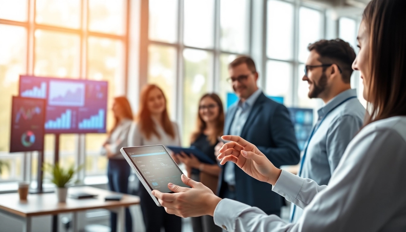 Illustration of an enterprise ai assistant facilitating collaboration among professionals in a modern workspace.