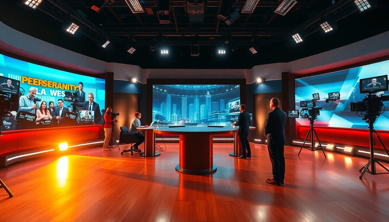Cover breaking news at https://news-parade.com.ua with dynamic journalists in a vibrant studio.