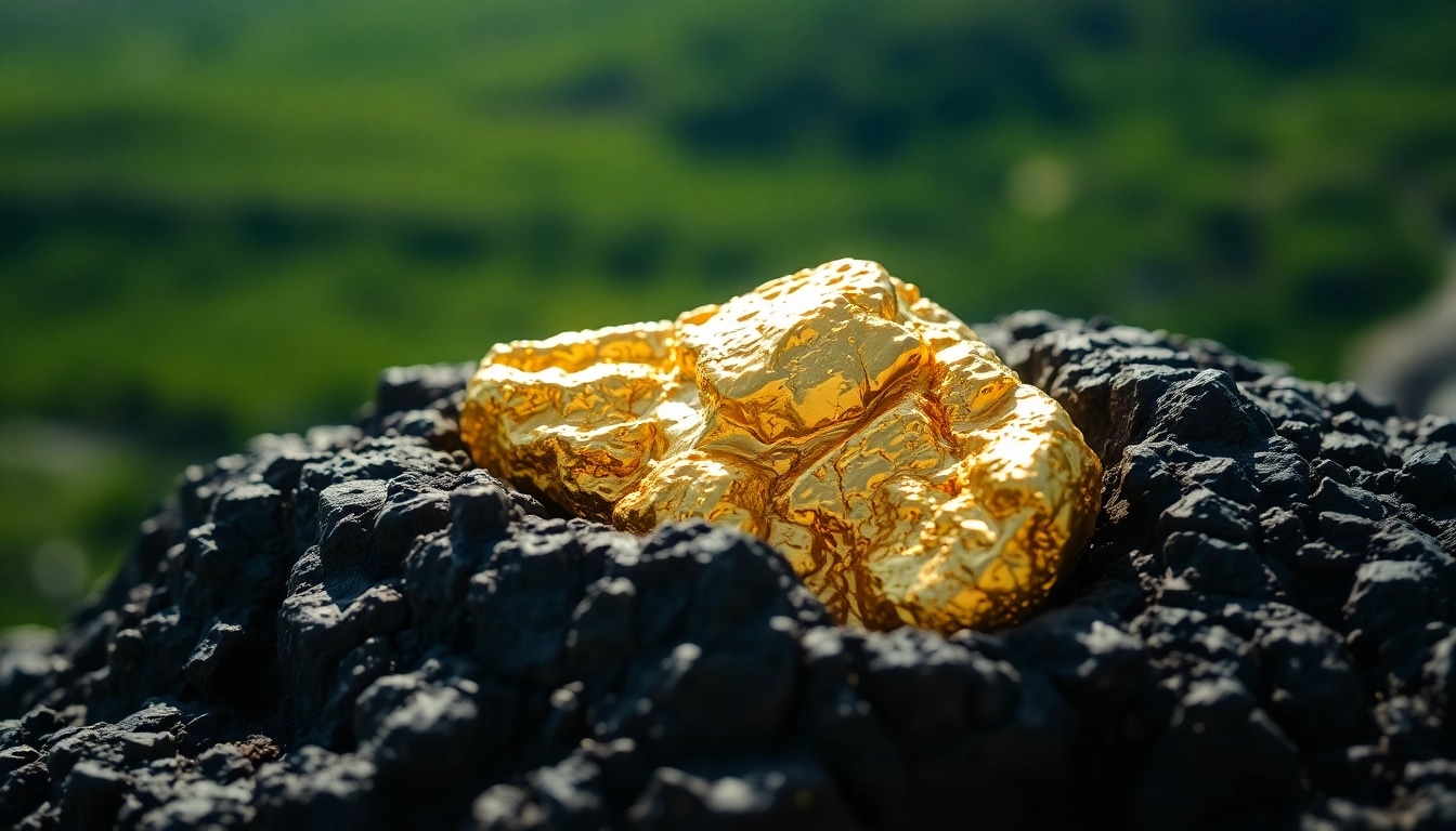 Gold nugget gleaming in sunlight atop a rough rock surface, showcasing natural beauty.