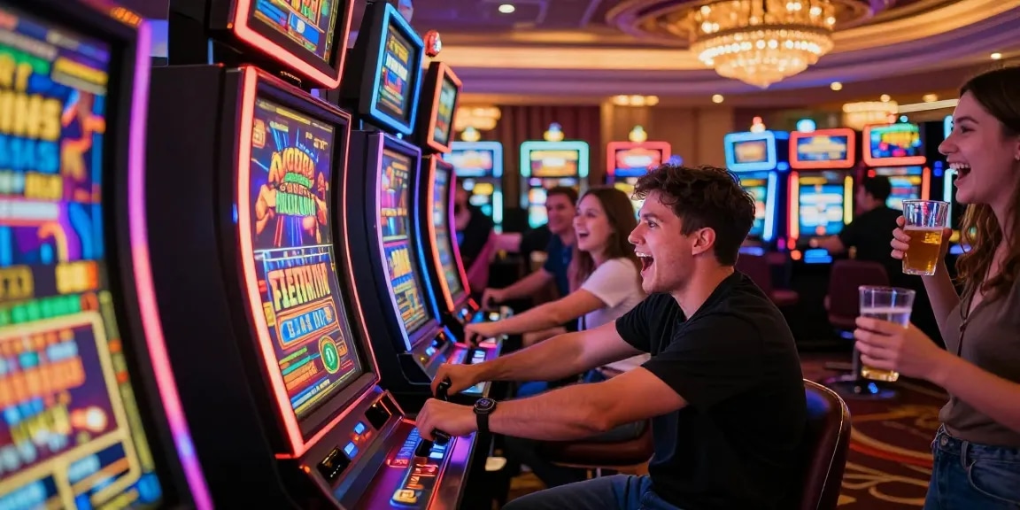 Player at a slot machine in a bustling casino, experiencing excitement.