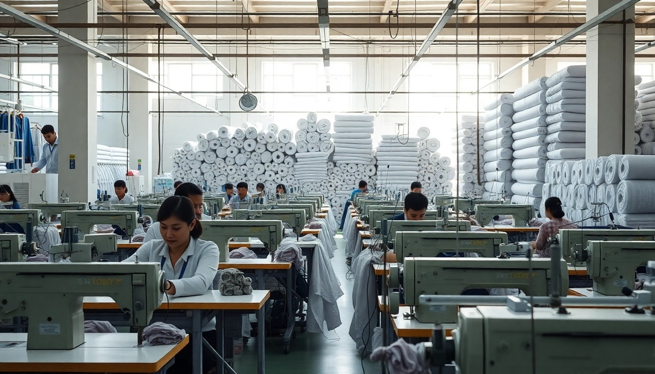 Manufacturing Clothing in China with skilled workers at sewing stations in a vibrant textile factory.