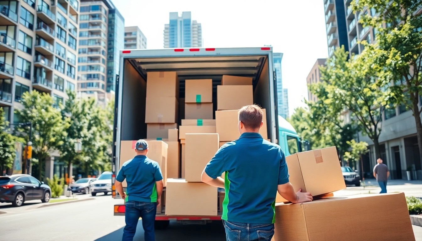 Calgary movers loading boxes into a truck in an urban setting, showcasing professional service.