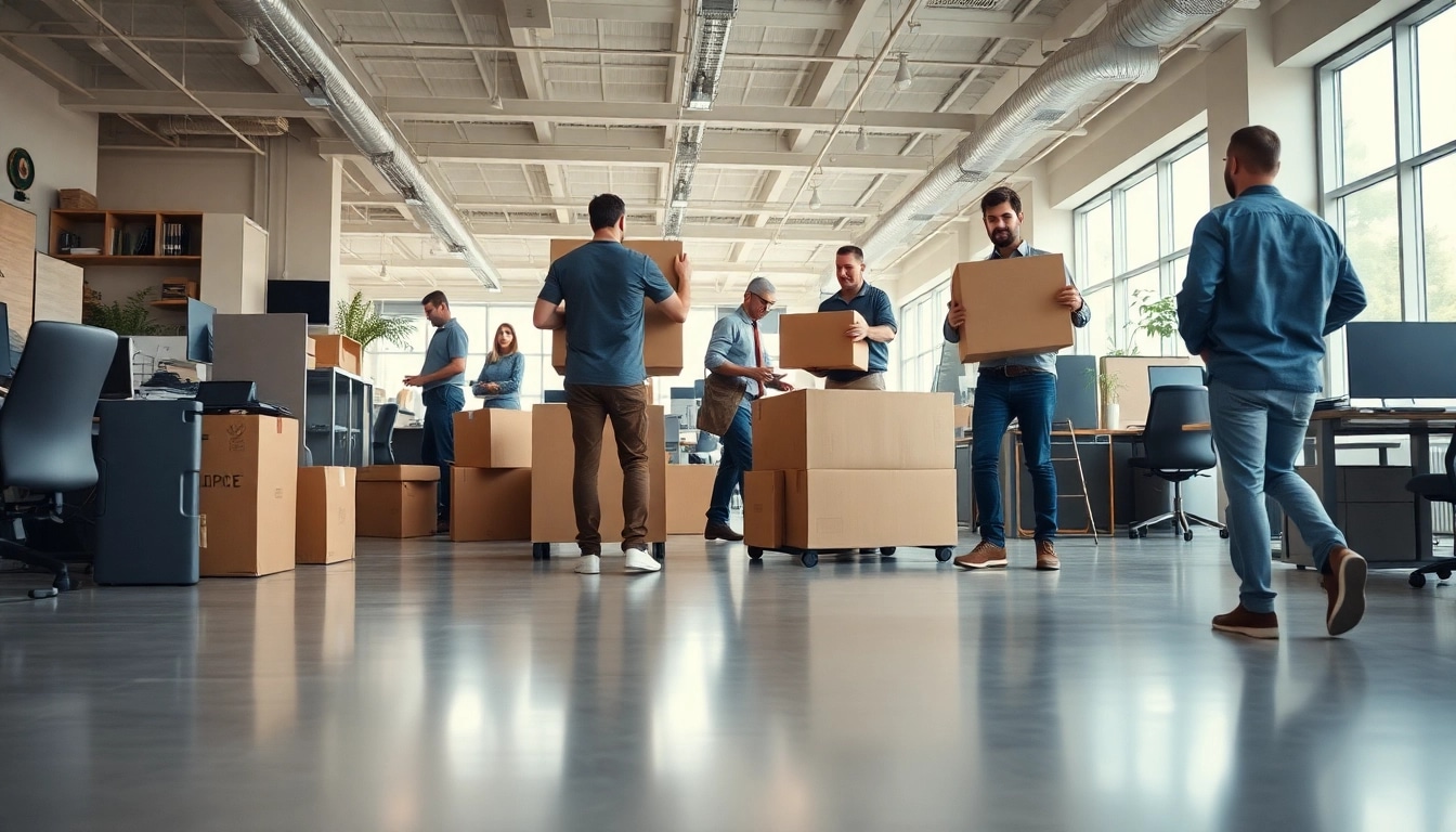 Expert team executing Commercial Moving services, carefully packing office equipment in a busy workplace.